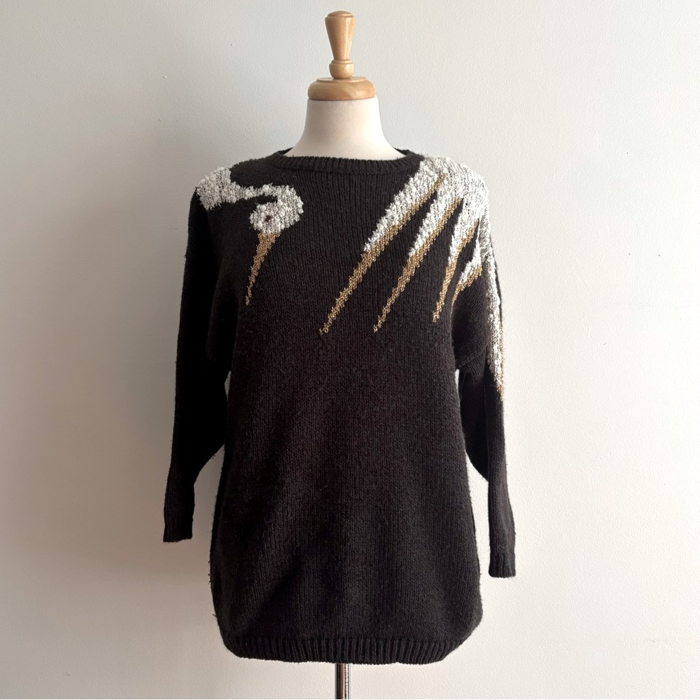 Vintage 1980s White Bird on Charcoal Wool Blend & Lurex Sweater / M